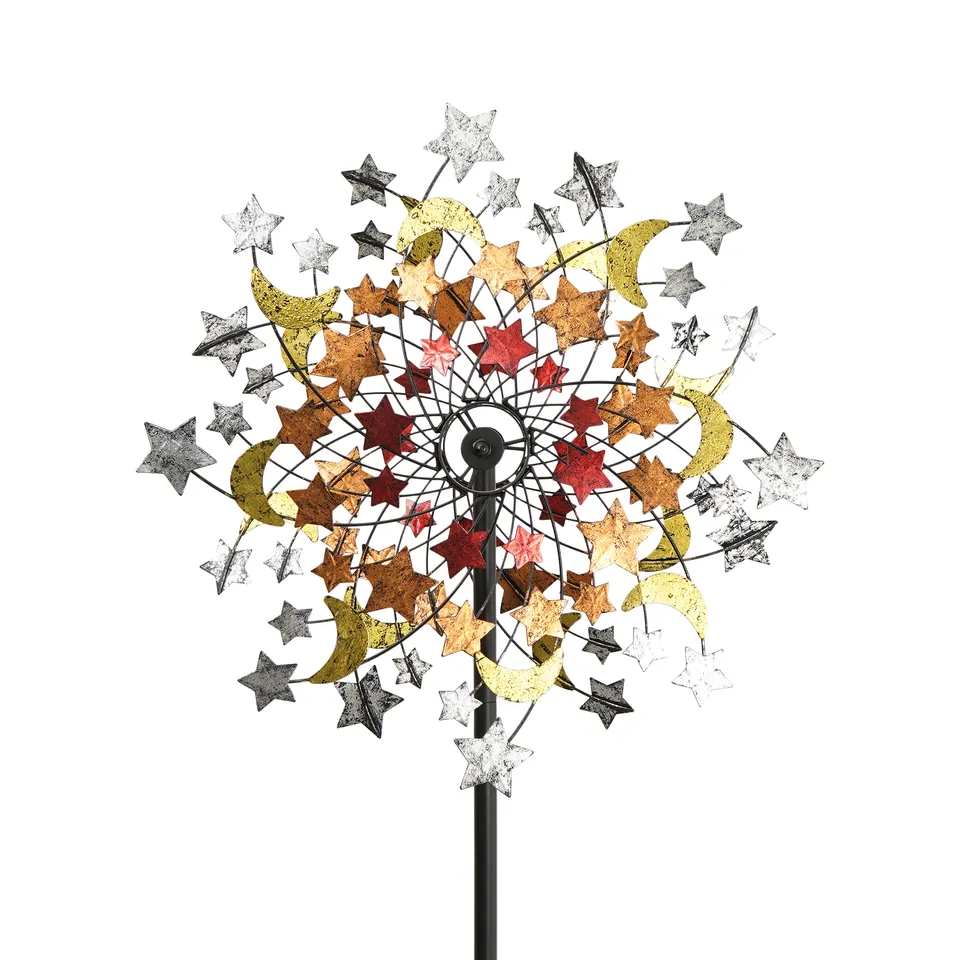 Star and Moon Design Metal Stake Yard Art Windmill Outdoor Garden Wind Spinners
