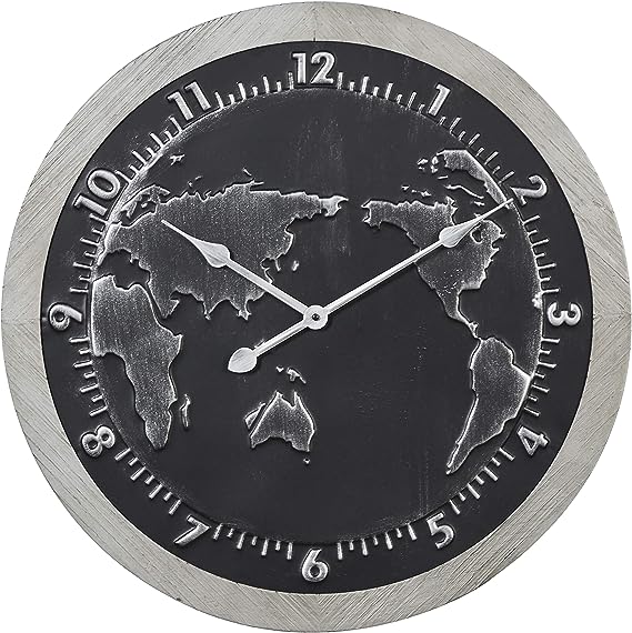 Metal World Map Wall Clock, 25" x 2" x 25", Black