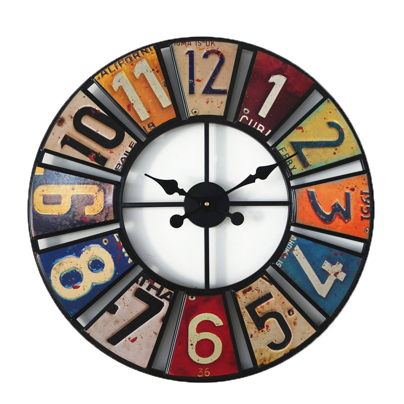 Round Vintage License Plates Metal Wall Clock